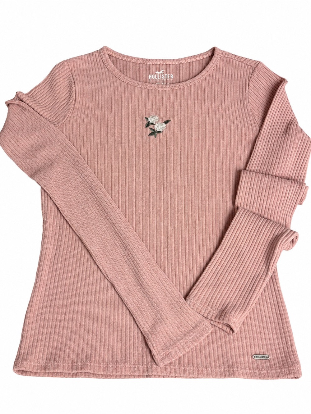Hollister Ribbed Long-Sleeve Top with Floral Stitch - Dusty Rose